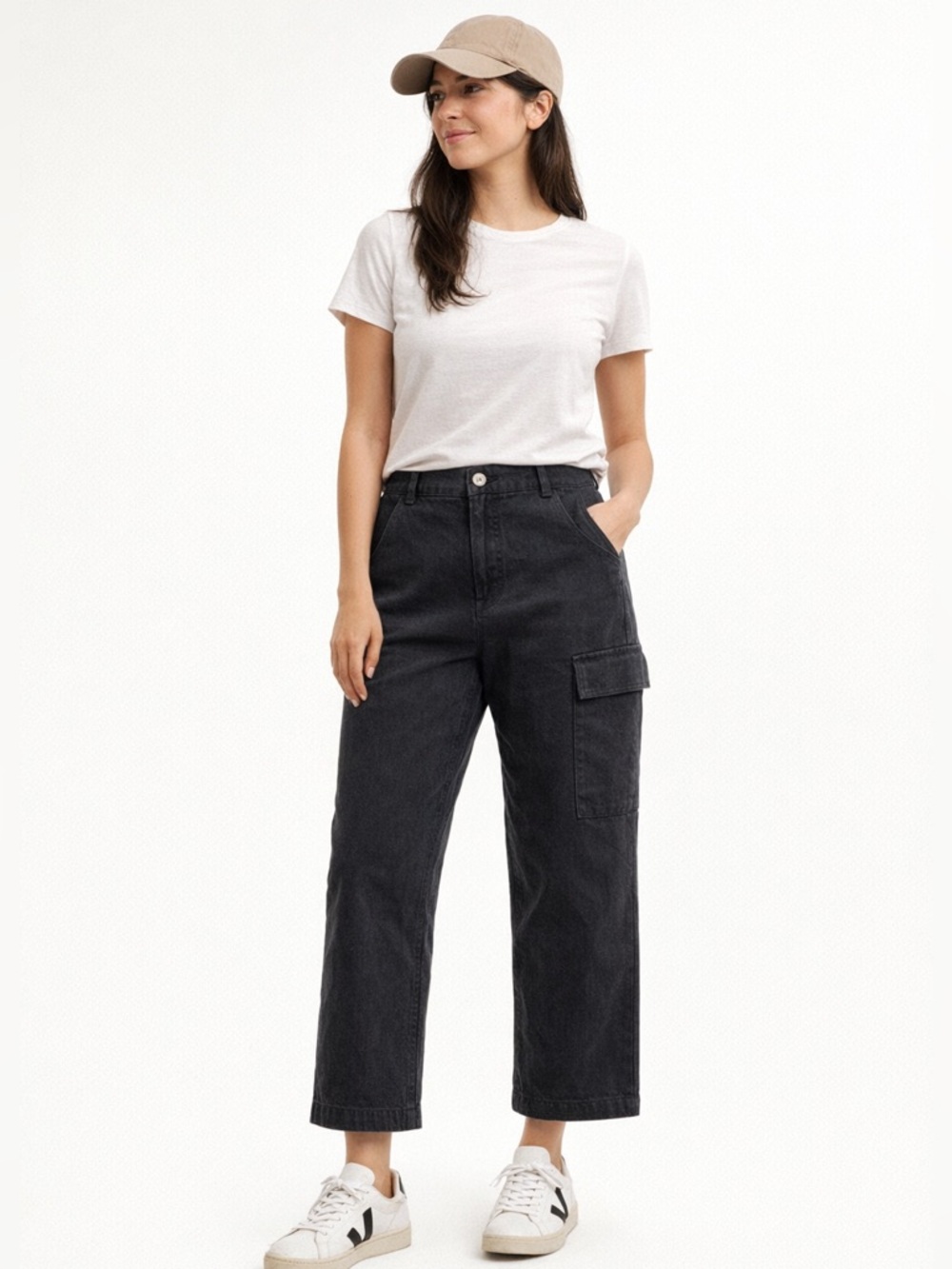 MIOU MUSE Women’s High Rise Ankle Length Cargo Pants 100% Cotton Black Sz Small